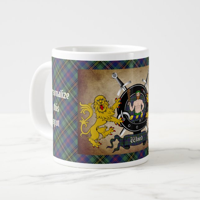Wood Clan Abzeichen & Tartan Personalisiert Jumbo-Tasse (Vorderseite Links)
