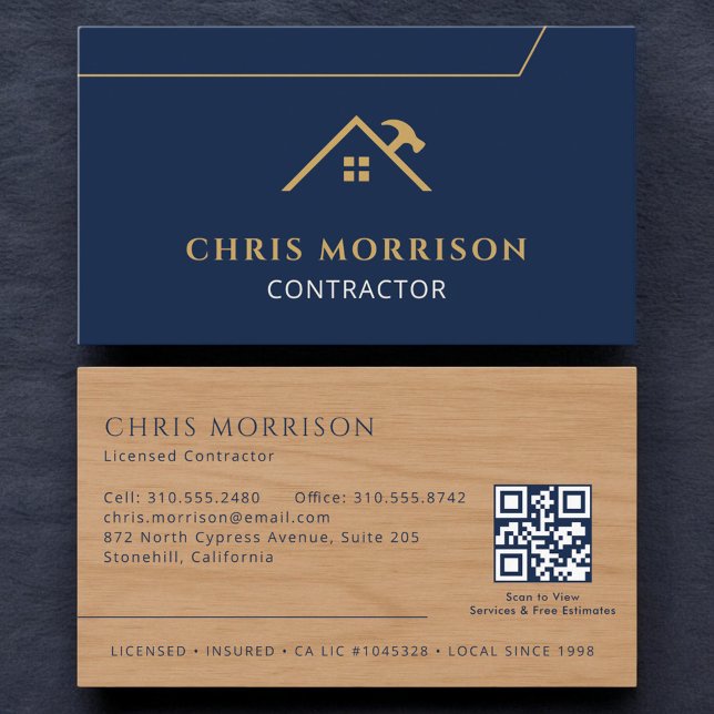 Wood Contractor Construction QR Code Navy Blue Visitenkarte (Von Creator hochgeladen)