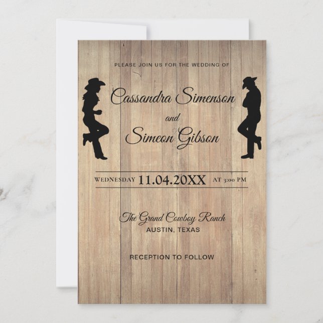Wood Cowboy, Cowgirl Rustic Wedding Day Einladung (Vorderseite)