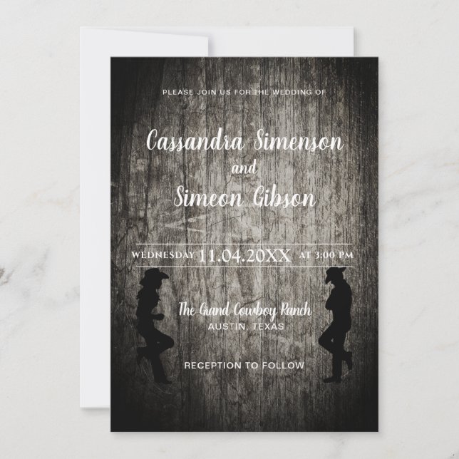 Wood Cowboy, Cowgirl Rustic Wedding Day Einladung (Vorderseite)