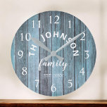 Wood Custom Family Name Rustic Beach House Runde Wanduhr<br><div class="desc">The Blue wooden farm house style wall clock is perfect for your country Beach House kitchen or Living Room. Customize with your family name and established year for a unique and personalized birthday or Christmas gift.</div>