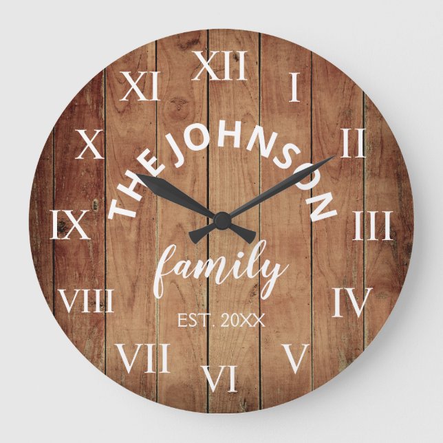 Wood Custom Family Name Rustic Farmhouse Große Wanduhr (Vorderseite)