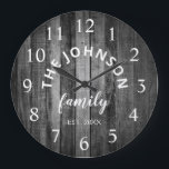 Wood Custom Family Name Rustic Farmhouse Große Wanduhr<br><div class="desc">The Grey (gray) wooden farm house stile wall clock is perfect for your country farmhouse kitchen. Customize with your family name and established year for a unique and personalized birthday or Christmas gift.</div>