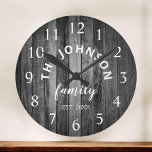 Wood Custom Family Name Rustic Farmhouse Runde Wanduhr<br><div class="desc">The grey (gray) wooden farm house style wall clock is perfect for your country farmhouse kitchen. Customize with your family name and established year for a unique and personalized birthday or Christmas gift.</div>