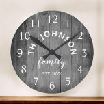 Wood Custom Family Name Rustic Farmhouse Runde Wanduhr<br><div class="desc">The Grey (gray) wooden farm house stile wall clock is perfect for your country farmhouse kitchen. Customize with your family name and established year for a unique and personalized birthday or Christmas gift.</div>