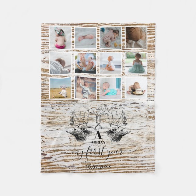 Wood Deer Baby's First Year Foto Collage Fleecedecke (Vorderseite)