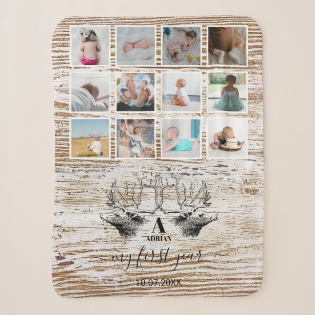 Wood Deer Baby's First Year Foto Collage Sherpadecke (Vorderseite)