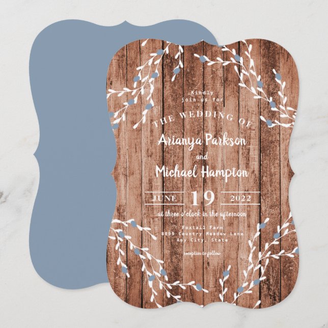 Wood Dusty Blue Berry Wreath Wedding Einladung (Vorne/Hinten)