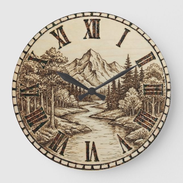Wood Engraved Mountain River Wall Clock Große Wanduhr (Vorderseite)