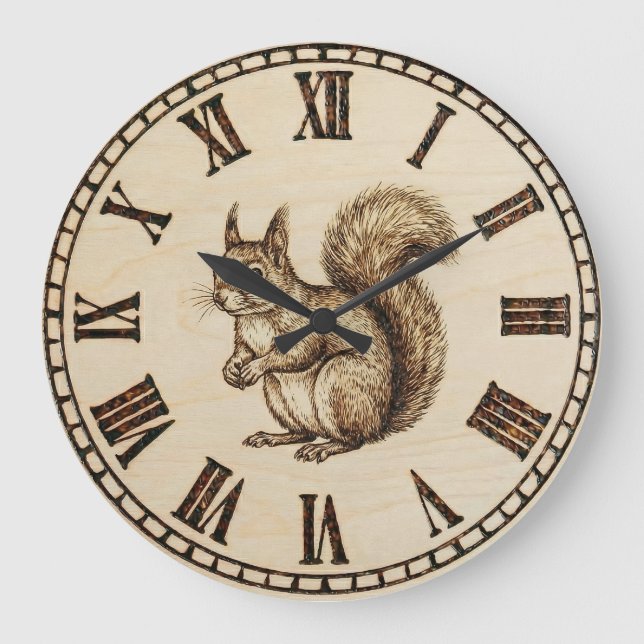 Wood Engraved Squirrel Wall Clock Große Wanduhr (Vorderseite)