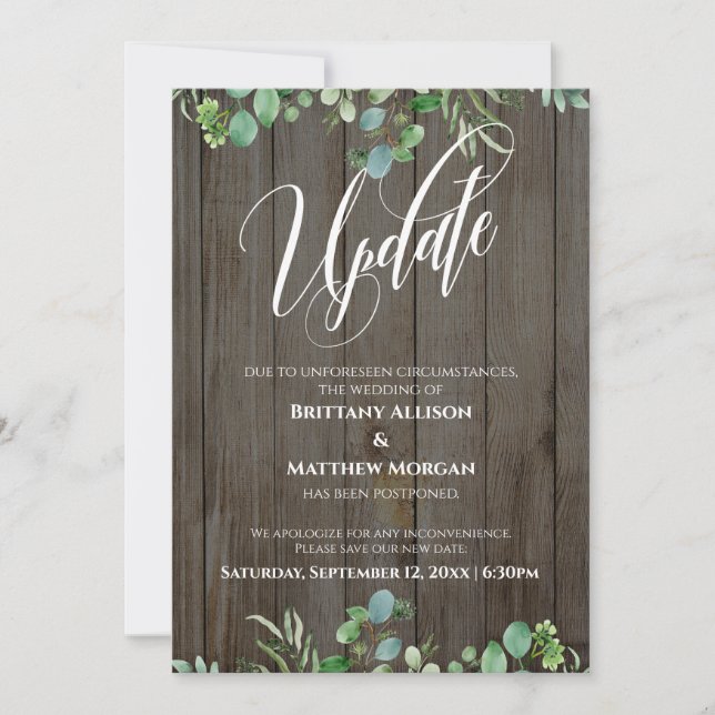 Wood & Eukalyptus - Hochzeitsaktualisierungskarte  Einladung (Vorderseite)