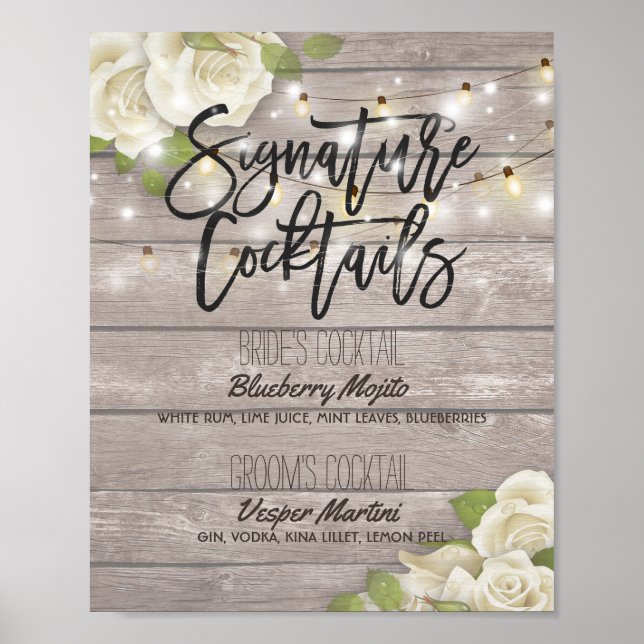 Wood floral Wedding Signature Cocktail Drink Menü Poster (Vorne)