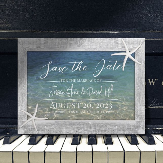 Wood Gerahmt Starfish Beach Hochzeit Save the Date Ankündigungspostkarte (Von Creator hochgeladen)
