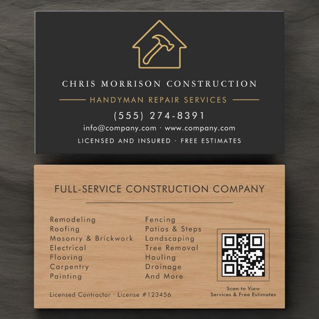 Wood Handyman Construction Black Gold QR Code Visitenkarte (Von Creator hochgeladen)