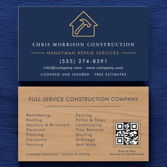 Wood Handyman Construction Navy Blue Gold QR Code Visitenkarte (Von Creator hochgeladen)