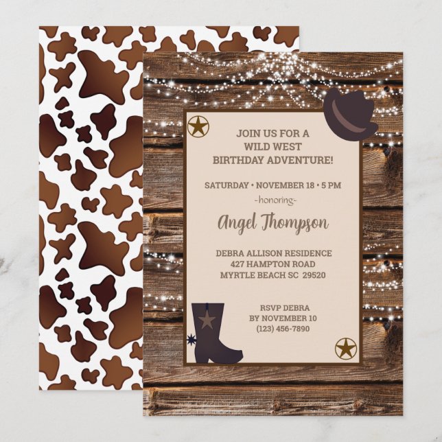 Wood Lights Western Cowgirl Birthday Invitation (Devant / Derrière)