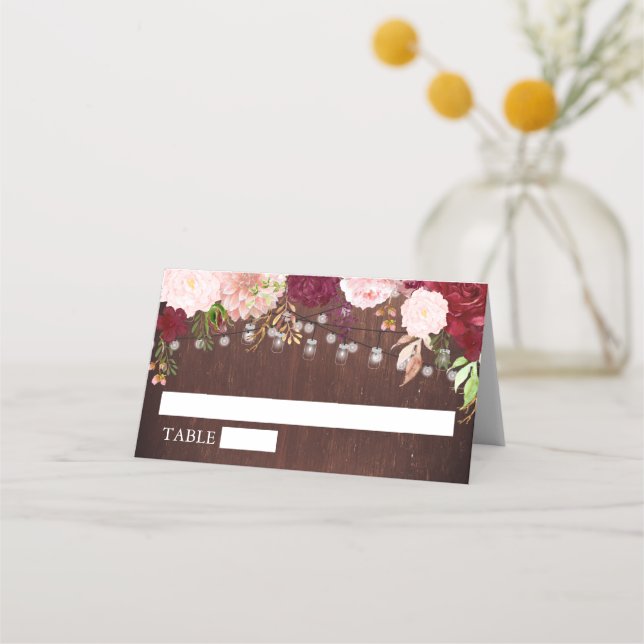 Wood Mason Jar Burgundy Tischnummer Wedding Platzkarte (Vorderseite)