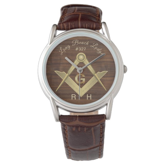 Wood Masonic Mit Monogramm Armbanduhr (Vorderseite)