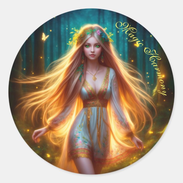 Wood nymph Fee Mädchen Gold helle Wald Blüte Runder Aufkleber (Vorderseite)