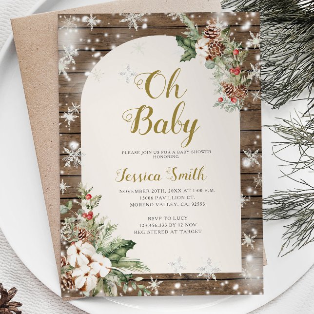 Wood Oh Baby Weihnachtsschneeflocken Babydusche Einladung (Von Creator hochgeladen)