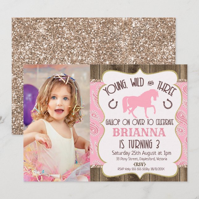 Wood Paisley Glitzer Horse 3. Geburtstag Einladung (Vorne/Hinten)
