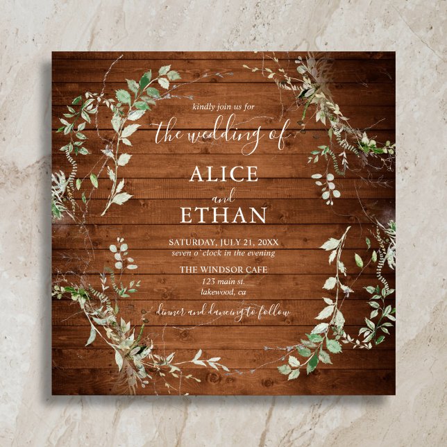 Wood Rustic Greenerity Script Wedding Einladung (Von Creator hochgeladen)