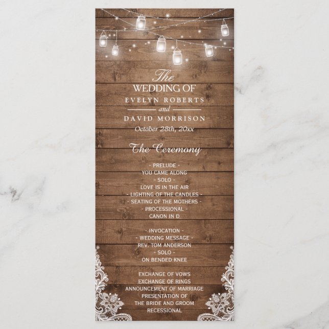 Wood Rustic String Lights Lace Wedding Programme (Devant)