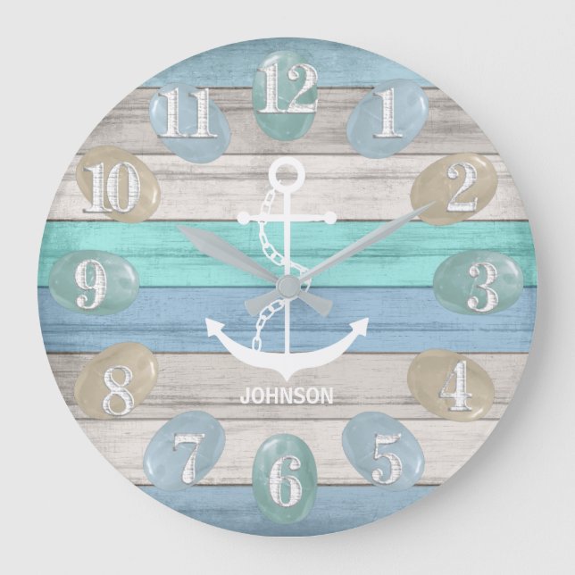 Wood - Sea Glass / Nautical / Anchor Large Clock Große Wanduhr (Vorderseite)