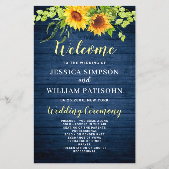 Wood Sunflower Rustic Wedding Zeremonie Programm (Vorderseite)