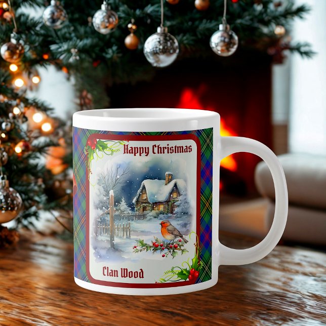 Wood Tartan & Robin Christmas Personalized Jumbo-Tasse (Von Creator hochgeladen)