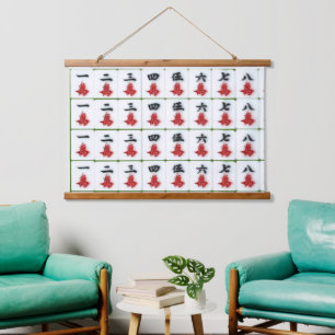 Wood Topped Wall Tapestry Mahjong Wandteppich Mit Holzrahmen