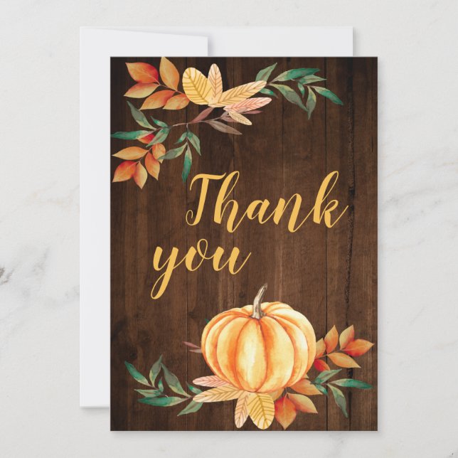 Wood Watercolor Fall Orange Pumpkin Vielen Dank Dankeskarte (Vorderseite)