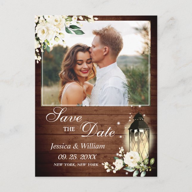 Wood White Rose Rustic FOTO Wedding Save the Date Postkarte (Vorderseite)