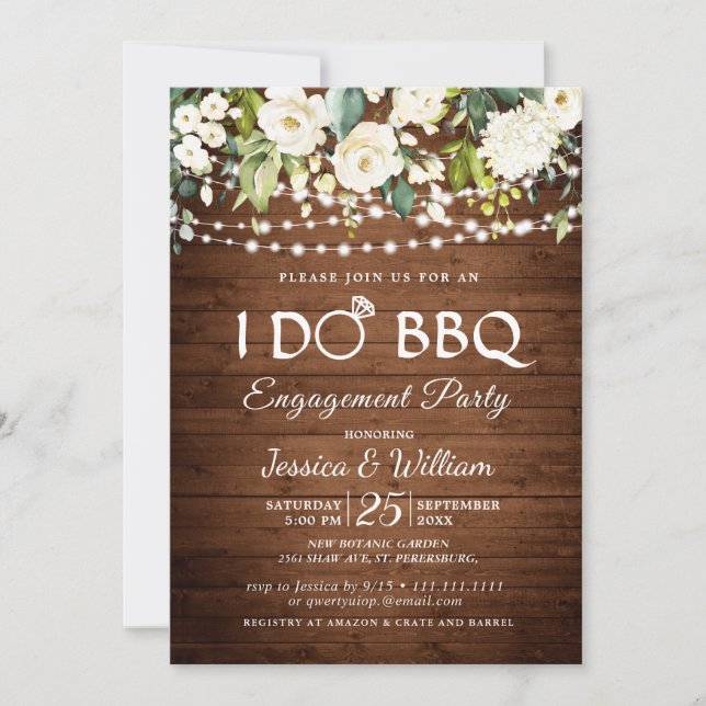 Wood White Roses Floral I Do GRILLEN Engagement Pa Einladung (Vorderseite)