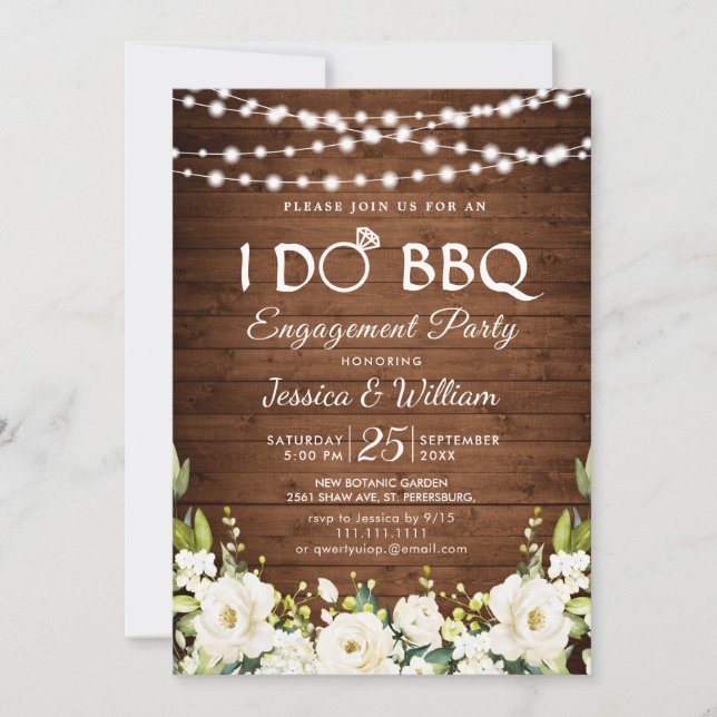 Wood White Roses Floral I Do GRILLEN Engagement Pa Einladung (Vorderseite)