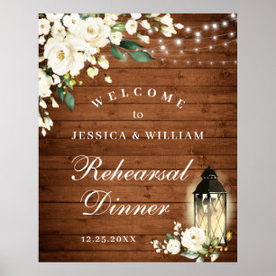 Wood & White Roses Floral Rehearsal Dinner Sign Poster