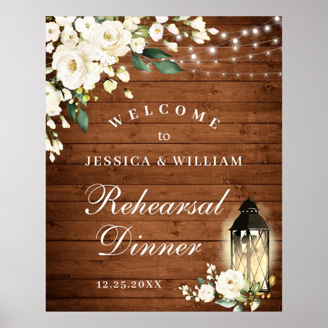 Wood & White Roses  Floral Rehearsal Dinner Sign Poster (Vorne)