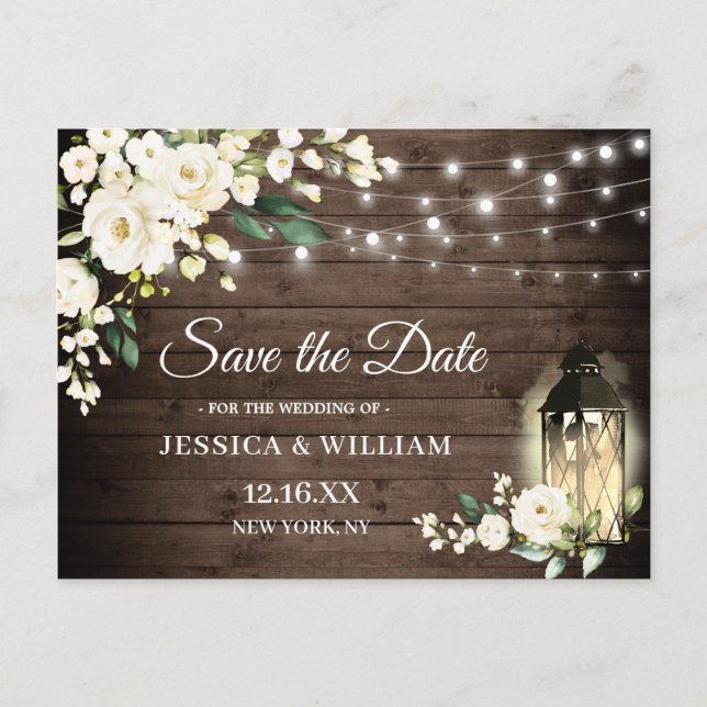 Wood White Roses Rustic Wedding Save the Date Postkarte (Vorderseite)