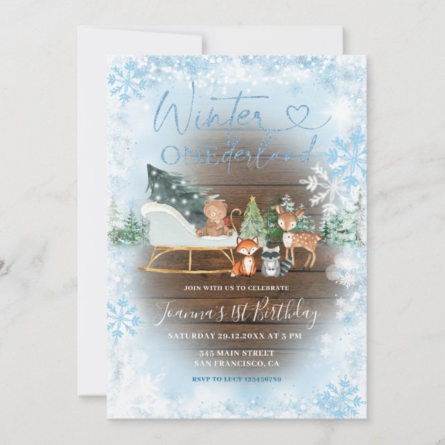 Wood Winter Onederland Blue Animal Birthday Einladung (Vorderseite)