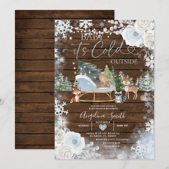 Wood Winter Pastel Blue Snowflake Babydusche Einladung (Vorne/Hinten)