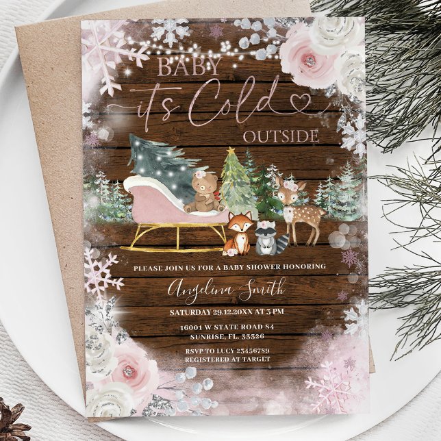 Wood Winter Pink Snowflake Sleigh Baby Dusche Einladung (Von Creator hochgeladen)