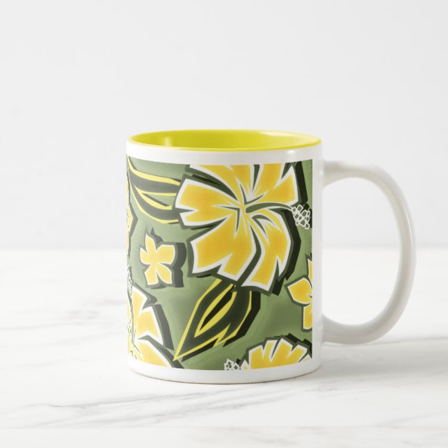 Woodcut Hibiskus Hawaiian Tropical Print Zweifarbige Tasse (Rechts)