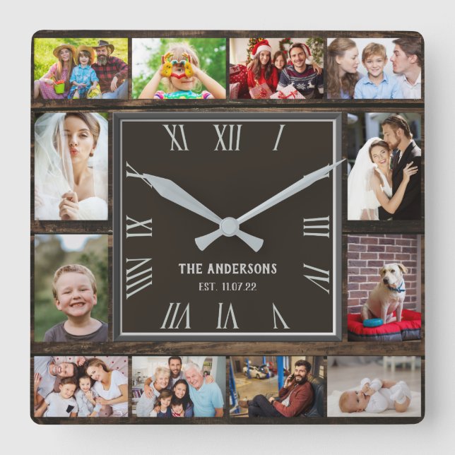 Wooden 12 family photo collage roman numerals  quadratische wanduhr (Vorderseite)