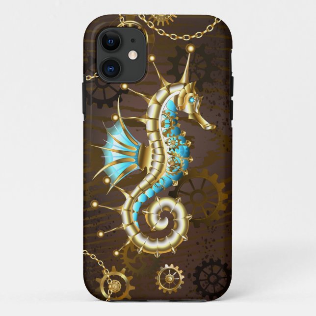 Wooden Background with Mechanical Seahorse Case-Mate iPhone Hülle (Rückseite)