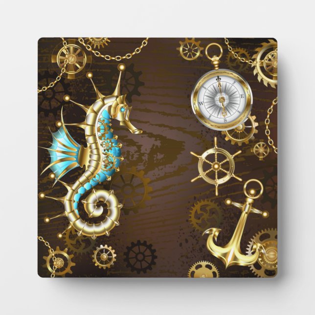 Wooden Background with Mechanical Seahorse Fotoplatte (Vorderseite)