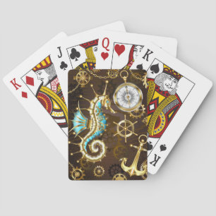 Wooden Background with Mechanical Seahorse Spielkarten