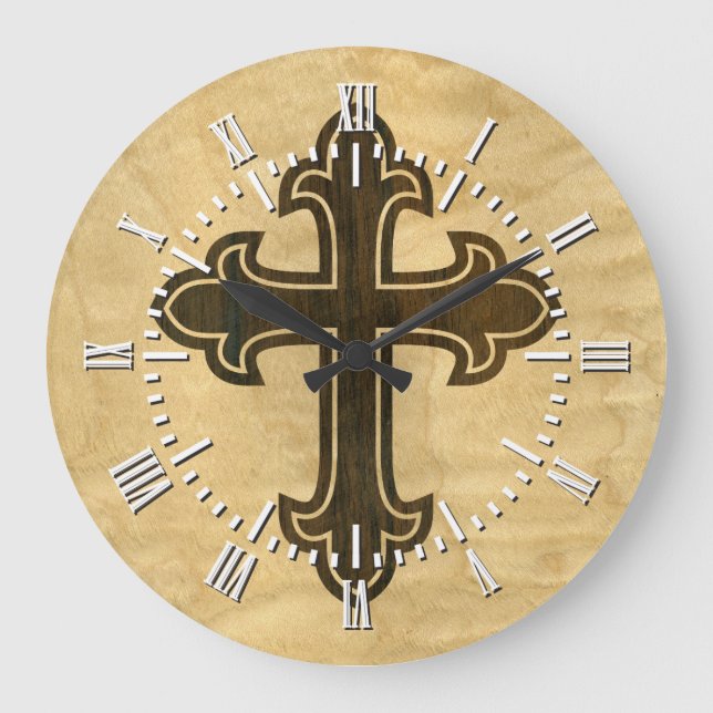 Wooden Christian Cross Fleury Rosewood on Maple Große Wanduhr (Vorderseite)