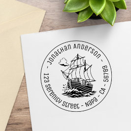 Wooden Sailing Ship Stormy Sea Round Address Gummistempel