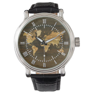 Wooden World Map Armbanduhr
