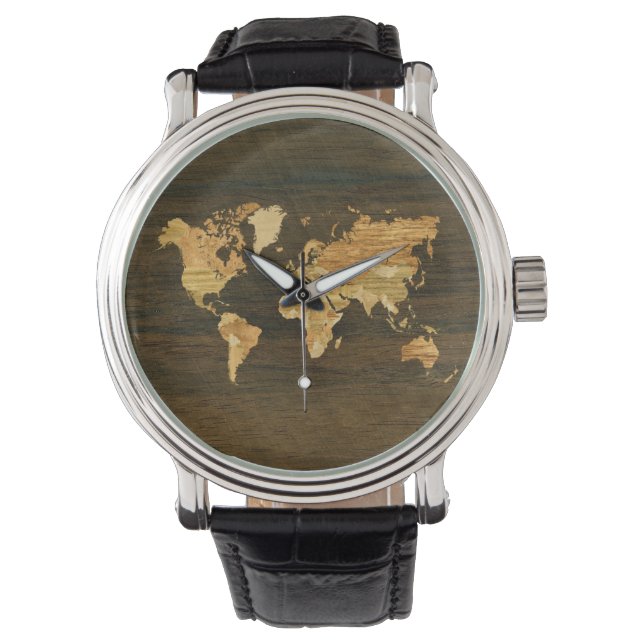 Wooden World Map Armbanduhr (Vorderseite)